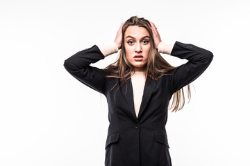 stressed businesswoman ruffles her hair isolated on white