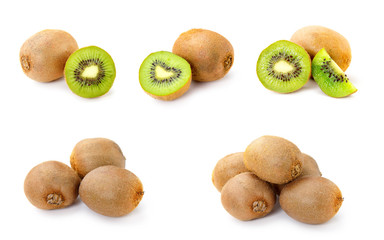 Ripe fresh kiwi fruit. Whole and half kiwifruit isolated on white background.
