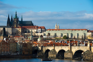 cityscape of czech capital prague with hradschin castle, charles bridge and river vlatva