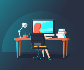 Woman working with laptop at her work desk, looking at monitor. Gradient vector illustration