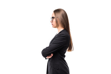 Closeup profile of confident business woman looking forward isolated on white background