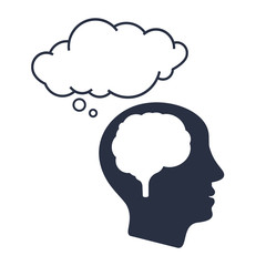 Human brain and thought bubble vector poster isolated on white background. Abstract head with thought symbol.
