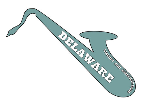 Saxophone Silhouette With Delaware State Flag Text