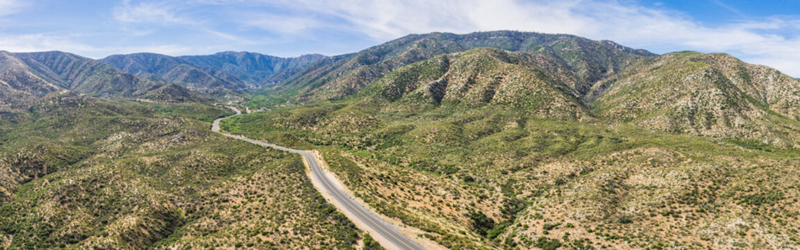Panoramic drone photograph of desert hills in California's Mojave Desert.