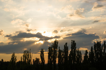 Landscape with dramatic light - beautiful golden sunset with saturated sky and clouds.