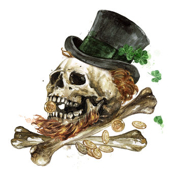Leprechaun Skull. Watercolor Illustration