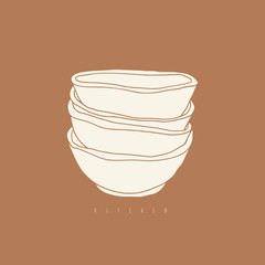 Doodle stack of bowls. Hand drawn kitchen illustration. Cafe logo design