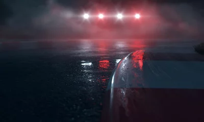 Stickers pour porte Sport automobile Piste de course humide avec des lumières