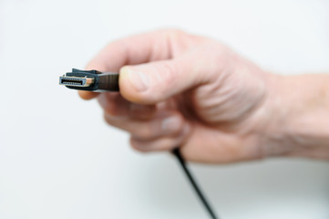 Fototapeta premium The hand with cable plug Display Port.