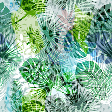 Colourful trendy seamless exotic pattern with tropical plants. Modern abstract design for paper, wallpaper, cover, fabric and other users. Vector illustration.