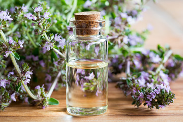 Obraz na płótnie Canvas A bottle of Breckland thyme (thymus serpyllum) essential oil