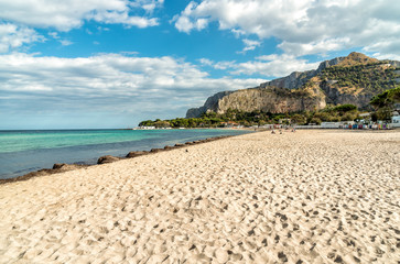 View of Mondello beach, is a small seaside resort near center of city Palermo, Sicily, Italy