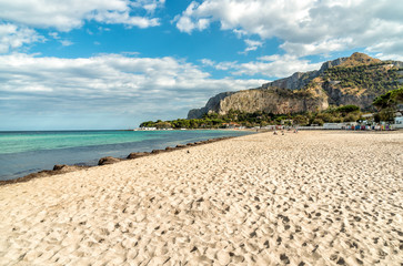 View of Mondello beach, is a small seaside resort near center of city Palermo, Sicily, Italy