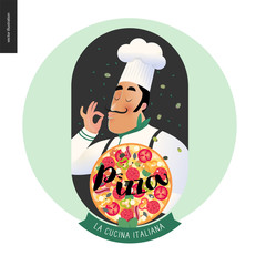 Italian restaurant set - italian restaurant logo with a cook enjoing the pizza smell
