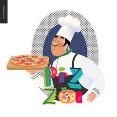 Italian restaurant set - italian restaurant logo with a cook enjoing the pizza smell and lettering Pizza