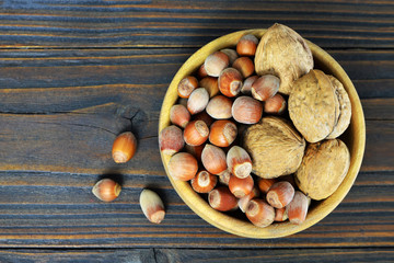 Hazelnuts and walnuts in a bowl