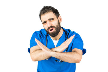 angry doctor shows a stop gesture. isolated on white background.