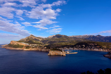 Port and beach on the north west coast of Mallorca. Tramontana. Mediterranean Sea