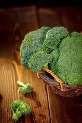 Beautiful green broccoli in a natural basket.
