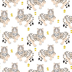 Seamless pattern with tiger on green background.