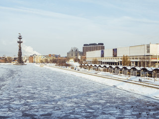 europe street frozen iced river in moscow on a winter day