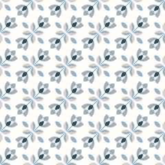Scandinavian floral background, mid century wallpaper, seamless abstract pattern, Blue, silver grey and white colors. 