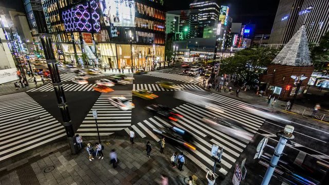 Timelapse and bird view of the Ginza street view,Tokyo, Japan