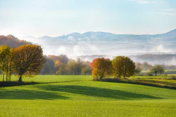 Poster Im Rahmen Felder und Bäume im Herbst, frühmorgendlicher Nebel stieg aus dem Rheintal, Westerwald, Blick auf die Hügel der Eifel © kathomenden