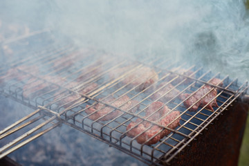 Barbecue in the forest.shashlik at nature. Process of cooking meat on barbecue, closeup.