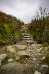 Stairs leading to hiking trails in the rolling hills of England's Lakes District. This area, known as The Old Man of Coniston, is known for its abandoned mines, wildlife, and incredible views.