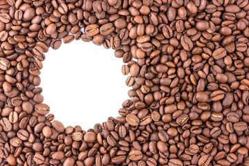 Coffee grains scattered over the surface. Roasted coffee beans close-up. A round white trail on the side is for the text.
