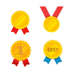 Medal gold vector set, flat cartoon golden medallion, award symbol, achievement badge isolated