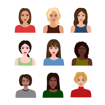 Vector illustrations of beautiful young girls and women different nations with various hair style. Female avatars in flat cartoon style.