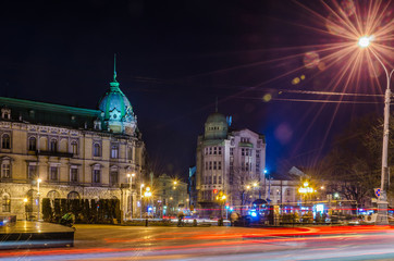 Fototapeta na wymiar Scenic night Lviv cityscape architecture on the long exposure