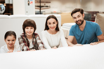 A young happy family sitting behind bed in orthopedic mattress store. Testing softness of mattress.