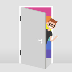 Coming out. Young character peeking out from behind the door. Rainbow background. LGBT. Concept. Flat editable vector illustration, clip art