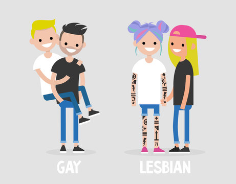 Different types of sexuality: Gays and Lesbians. LGBTQ community. Concept. Flat editable vector illustration, clip art