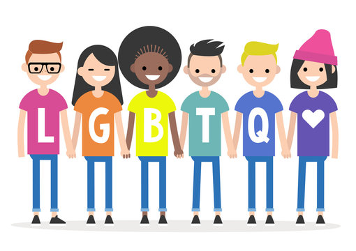 LGBTQ sign. A group of people wearing colourful t-shirts and holding each other's hands. Rainbow. Homosexual community. Flat editable vector illustration, clip art