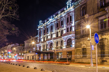 Scenic night Lviv cityscape architecture on the long exposure