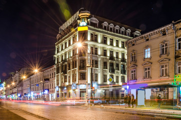 Scenic night Lviv cityscape architecture on the long exposure