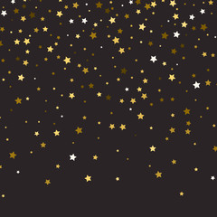 Abstract pattern of random falling gold stars on black background. Glitter pattern for banner, greeting card, Christmas and New Year card, invitation, postcard, paper packaging. Vector illustration