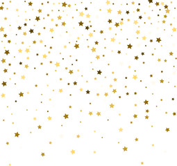 Abstract pattern of random falling gold stars on white background. Glitter pattern for banner, greeting card, Christmas and New Year card, invitation, postcard, paper packaging. Vector illustration.