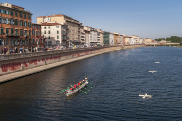 Competition boat on river Arno, Pisa, Tuscany, Italy