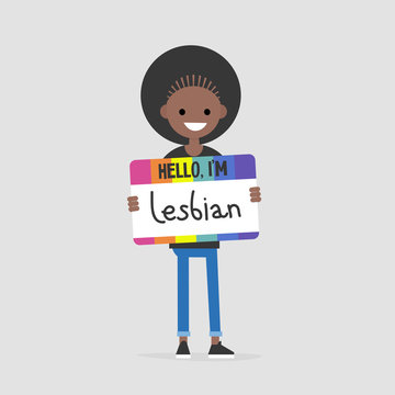 Hello, I'm Lesbian. Open homosexuality. Coming out. Young female character introducing herself as a part of LGBT community. Flat editable vector illustration, clip art