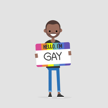 Hello, I'm Gay. Open homosexuality. Coming out. Young character introducing himself as a part of LGBT community. Flat editable vector illustration, clip art