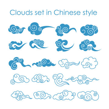 Vector illustration collection of blue clouds icons in Chinese style, flat design.