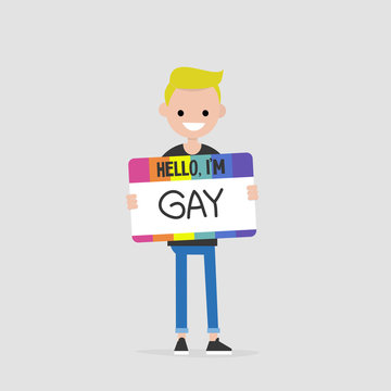 Hello, I'm Gay. Open homosexuality. Coming out. Young character introducing himself as a part of LGBT community. Flat editable vector illustration, clip art