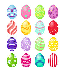 Vector illustration set of color Easter eggs with patterns, traditional colorful and bright symbol of Easter isolated on white background.