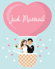 Vector cartoon illustration of the bride and groom in a hot air balloon in the sky. Happy wedding couple, just married in flat style.