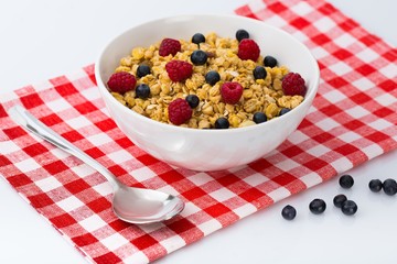 Bowl of Granola, Blueberries and Raspberries